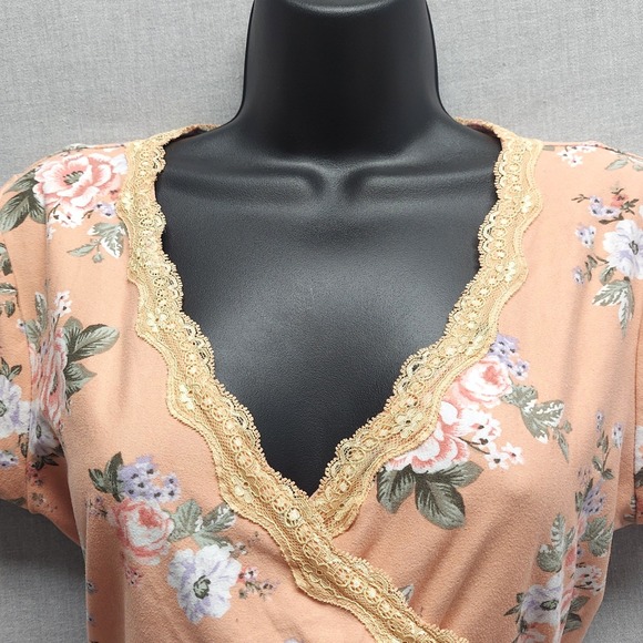 No Comment Floral Wrap Top Sz L Lace Trim Tie Y2K Cottagecore Coquette Romantic - Picture 3 of 14